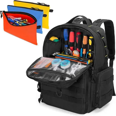 Immagine prodotto di Zaino porta attrezzi da uomo con 3 piccole tasche per attrezzi, tasca organizer, colore nero. Dimensioni: L 31,2 x P 16 x A 40,1 cm