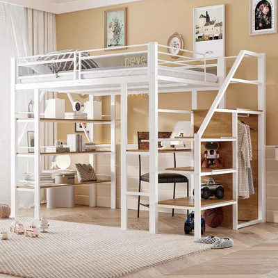 Image de Lit superposé 140 x 200 cm avec étagère à 3 niveaux, bureau, armoire, échelle de sécurité, espace de rangement et barrière de protection haute, lit simple, blanc, en métal