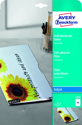 Produktbild von Avery Zweckform 2500 Transparente, selbstklebende Folien, DIN A4, spezialbeschichtet, stapelverarbeitbar, selbstklebend, Stärke: 0,17 mm, 10 Blatt