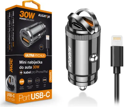Imagen del producto de Cargador para coche mini Alligator, con tecnología Power Delivery de 30W, con puertos USB-C y USB-A, y cable USB-C para iPhone/iPad