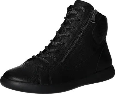 A black leather high-top sneaker with laces and a side zipper, shown against a white background.