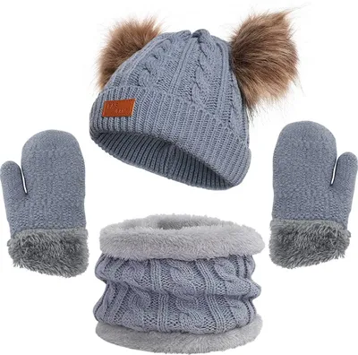 Produktbild von Mütze Schal Set Kinder,Kinder Wintermütze Schal Handschuhe,Bommel Beanie Strickmütze Schalmütze,Schal Mütze und Handschuhe,Mädchen Jungen Warm Fellbommel Beanie Hüte für 3-8 Jahre