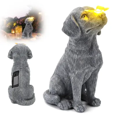 Solar-Hundefigur mit Schmetterling, LED, Kunstharz, 13x9x21 cm