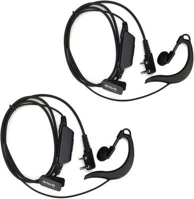 Two black headsets with ear hooks and inline microphones are displayed against a white background.