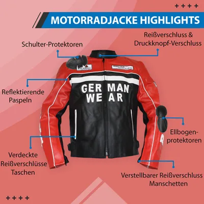 Produktbild von Motorrad Lederjacke Motorradjacke Rindsleder Jacke Schwarz/Rot, Größe:48/S
