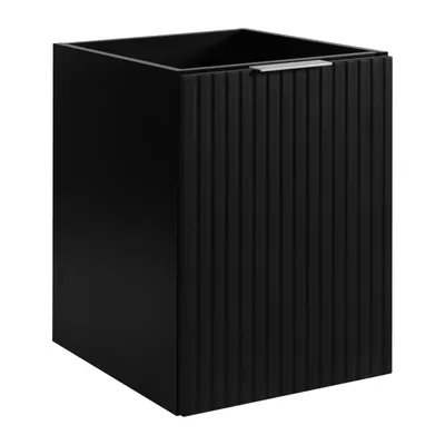 A black bathroom cabinet with a ribbed door and a silver handle, shown against a white background.