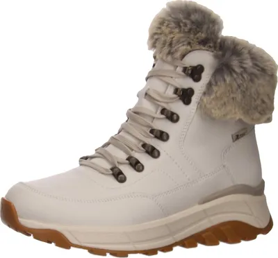 A single white winter boot with fur trim is shown against a white background.