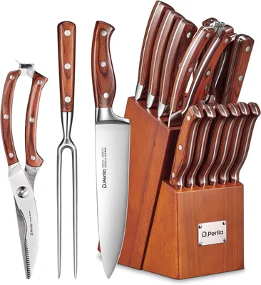 Imagen del producto de Juego de 16 piezas de cuchillos de cocina con mango de madera, acero inoxidable, con diferentes tipos de cuchillas