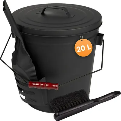 Produktbild von BLACK OAK Ascheeimer STROMBOLI 20L schwarz mit Deckel & Schaufel Stahl feuerfest verzinkt Silbergriff