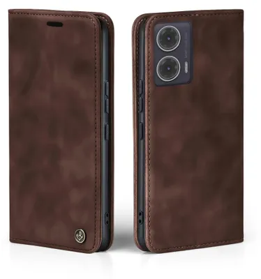 A brown flip case for a smartphone is shown from two angles.