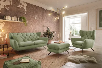 Produktbild von KAWOLA Sitzgruppe CHARME 3-Sitzer Sessel Hockerbank Cord olivgrün