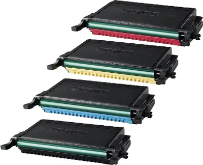 Four toner cartridges are stacked diagonally on a white background.