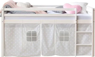 Produktbild von Homestyle4u 1888, detská podkrovná posteľ 90x200 biela so závesom s hviezdičkami