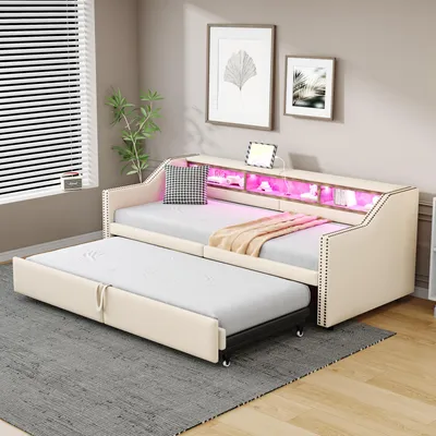 Produktbild von okwish Schlafsofa 90/180x200 Tagesbett mit ausziehbares Bett,Jugendbett mit LED Beleuchtung und USB Anschluss,mit Lattenrost,Beige(ohne Matratze)