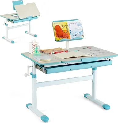 Produktbild von Kinderschreibtisch höhenverstellbar, Schülerschreibtisch neigungsverstellbar, Schreibtisch Kinder, Jugendschreibtisch mit Bücherständer und Schublade (Blau)