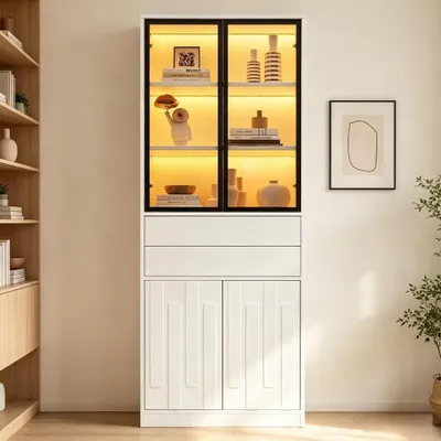 Immagine prodotto di Vetrina espositiva con illuminazione a LED, dimensioni 70x34x180 cm, 2 cassetti, ante in vetro, mobile alto, adatta per soggiorno/cucina/studio