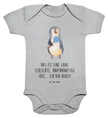 Produktbild von Mr. & Mrs. Panda Babybody Pinguin Lolli 12. - 18. Monat - Heather Grey - Geschenk, Spruch, Strampler Baby, Süßigkeiten, kurzarm, Unvernünftig, Pinguine, babykleidung body