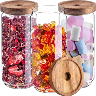Produktbild von KADAX 3 x Vorratsglas 950ml mit Holzdeckel, Glasbehälter zur Aufbewahrung von Lebensmitteln, Vorratsgläser mit Deckel, Vorratsbehälter aus Glas, Vorratsdosen