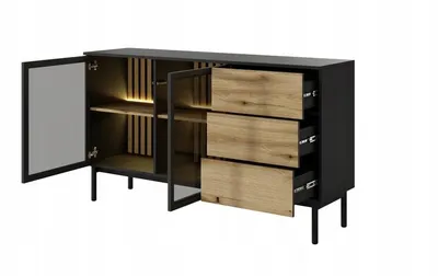 Produktbild von Kommode LANG 150 2D3S – Eiche Evoke + Schwarz, Wohnzimmerkommode mit Lamellen und LED