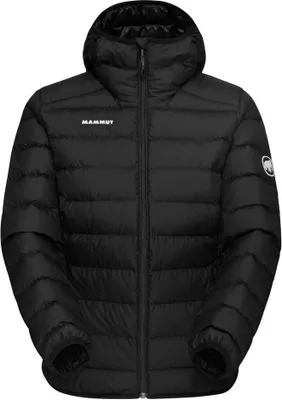 Schwarze; isolierte Damenjacke mit Kapuze von Mammut; Modell Waymarker IN; mit durchgehendem Reißverschluss und Logo.