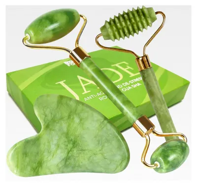 Produktbild von Gua Sha Stein und Gesichtsroller - 3-teiliges Set für die Hautpflege
