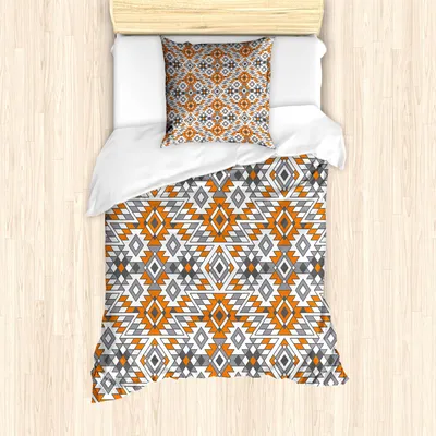 Zdjęcie produktu dla ABAKUHAUS Etniczny zestaw pościeli, wzór plemienny z zygzakami i geometrycznymi detalami w stylu etnicznym, 135 x 200 cm + 80 x 80 cm, pomarańczowy jasnoszary szary