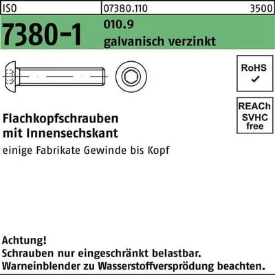 Produktbild von Flachkopfschraube ISO 7380-1 Innen-6kt M6x6 010.9 galv.verz. 500St.