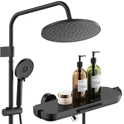 Image de Ensemble de système de douche mural comprenant une robinetterie de baignoire, une étagère en verre et une finition noire