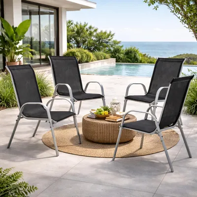 Produktbild von 4xOutdoorstuhl Gartenstuhl Stapelstuhl Metall Silber Textilen Schwarz