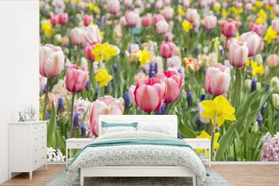 Produktbild von MuchoWow® Fototapete für Wohnzimmer oder Schlafzimmer Wandtapete Vinyl Motivtapete Tulpengarten - 390x260 cm - Papiertapete