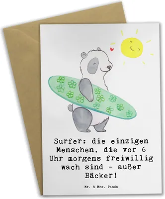 Produktbild von Mr. & Mrs. Panda Glückwunschkarte Surfen Frühaufsteher - Weiß - Geschenk, Wellen, dankeskarten, Sportler, einladungskarten, hochzeitskarten, Früher Vogel, Teamsport