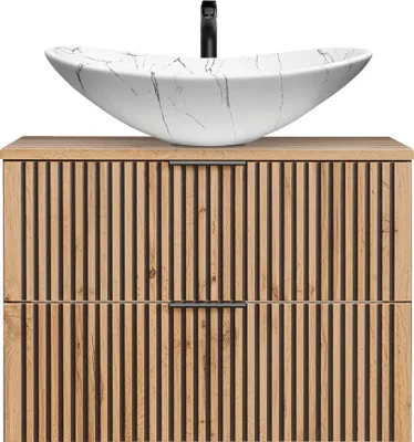Produktbild von Waschtisch mit schwarzen Rillen 80 cm, Keramik Waschbecken XANTEN-56 in anthrazit mit Eiche Nb., B/H/T: ca. 80,6/73,7/46,5 cm