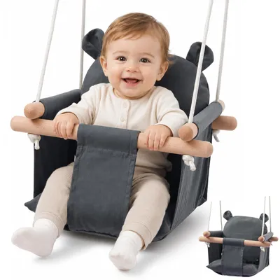 Image de Balançoire pour bébé en bois, pour intérieur et extérieur, de 0 à 36 mois, avec coussin et harnais