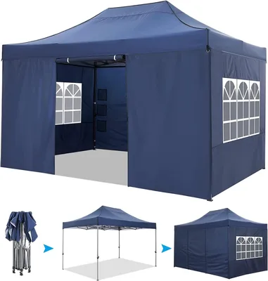 Image de Tente pliante Pavillons et tentes de réception 3 x 4,5 m, chapiteau Pavillon de jardin pour jardin, terrasse, fête, réception, imperméable et protection UV avec 4 panneaux latéraux, 12 piquets, 4 cordes et 1 sac de transport, bleu