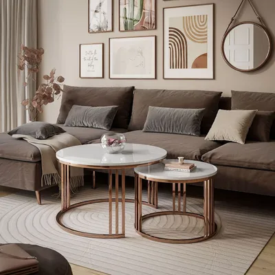 Produktbild von Set Couchtische LORI 2in1 Hochglanz mit kupferfarbener Basis