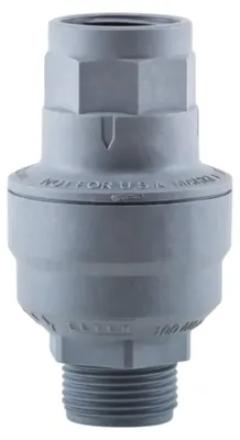 A gray water block valve with threaded connections.