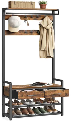 Produktbild von Garderobenständer mit Schuhbank - Flurgarderobe - Metallgestell - 2 Schubladen - Schuhaufbewahrung - 80,4 x 30 x 181,6 cm - Braun