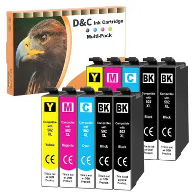 Produktbild von D&C 10 Druckerpatronen Kompatibel für Epson 502 XL für Epson Expression Home XP-5100 Series XP-5105 XP-5115 WorkForce WF-2800 Series WF-2860 D WF-2860 DWF WF-2865 DWF 4xSchwarz 2xCyan 2xMagenta 2xGelb