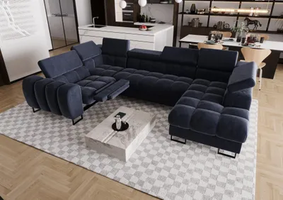 Productafbeelding van Zitmeubel met slaapbank, model BASTIEN RELAX, bekleed met stof in de kleur terra blauw, met een hocker aan de rechterkant