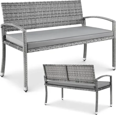 Produktbild von Wetterfeste Gartenbank - 2-Sitzer Sitzbank - Rattan/Metallgestell - Mit Polster und Abdeckung - Waschbarer Bezug - 320 kg Tragkraft - Grau