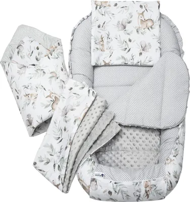 Produktbild von 5 Teile, Babynestchen, Krabbeldecke, 100x60x15, Hirsch in Blättern Grau Minky