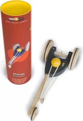 A wooden toy car and its cylindrical packaging are displayed on a white background.