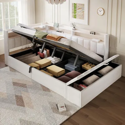 Produktbild von Flieks Schlafsofa 140x200cm mit Betthocker, Tagesbett Daybed mit USB und LED, Hydraulisches Polsterbett Jugendbett mit Stauraum, Doppelbett Samt, Weiß