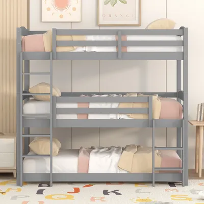 Produktbild von Flieks Etagenbett mit 2 Leiter und 2 Set Lattenrost Dreier-Etagenbett Hochbett Kiefernholzbett Kinderbett 90x200cm
