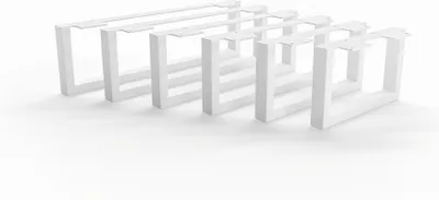 A series of white, rectangular furniture legs arranged in a row, creating an optical illusion.