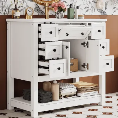 Produktbild von Flieks Waschtisch mit 6 geräuschlose Schubladen, Klappschubladen, Badezimmerschrank mit schwarze Griffe, Keramikwaschbecken, Schrank, Weiß