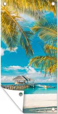 Produktbild von MuchoWow® 40x80 cm Outdoor-Poster Gartendeko Sichtschutz Garten Poster für den Garten  Strand - Palme - Meer