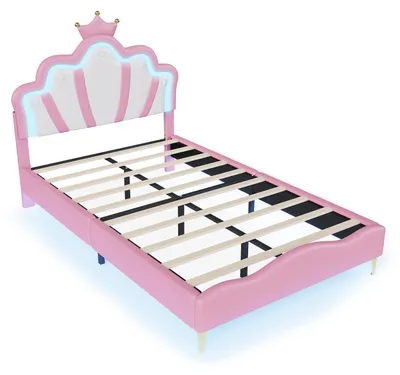 Produktbild von Kinderbett - Doppelbett 140 x 190 cm - Kunstleder - Verstellbares Kopfteil - LED-Beleuchtung - Stauraum - Kronenform - Rosa