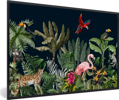 Produktbild von MuchoWow® Gerahmtes Poster Dschungel - Pflanzen - Tiere - Kinder - Flamingo - Zebra 60x40 cm - Poster mit Schwarzem Bilderrahmen Wandposter Rahmen Foto Bilder - Printing - Wanddeko Schlafzimmer