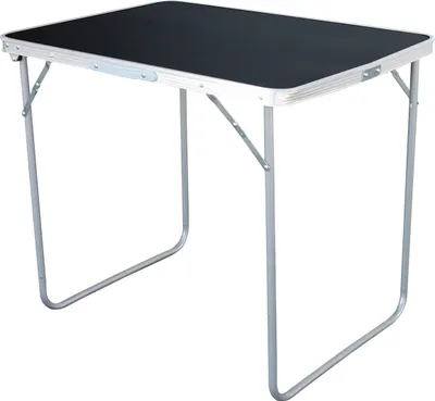 A foldable camping table with a black top and silver legs, shown against a white background.